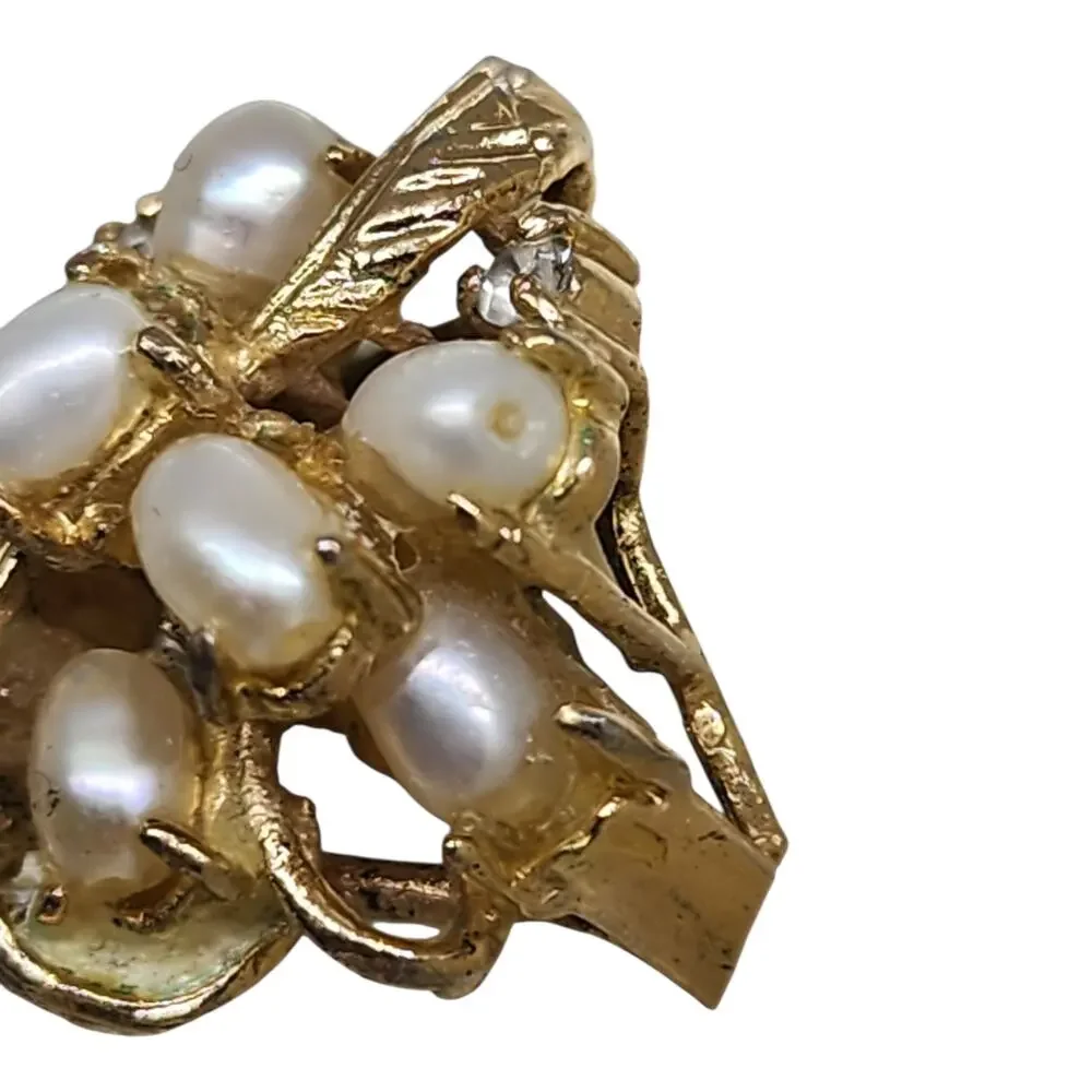 Vintage Genuine Pearl Rhinestone Cluster Cocktail Ring Floral Gold Plate Sz 6.75